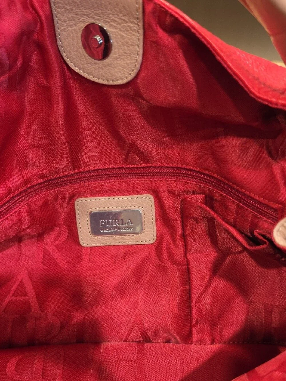 Furla Red Pebbled Leather Shoulder Bag with Tan Handle